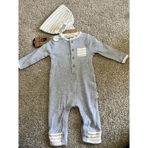 Rabbit + Bear NWT 0-3 Months Organic Cotton Ribbed Hat Romper Blue 2 Piece M6